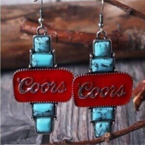 Coors Beer Red Blue Turquoise Geometric Square Drop Silver Earrings